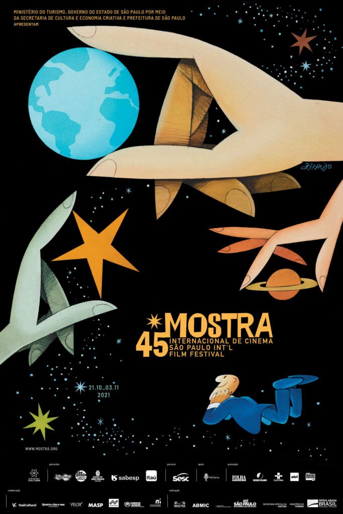 Homenagem ao público do cinema, pôster da 45ª edição da mostra internacional de cinema de São Paulo. Menino deitado olhando o céu, as estrelas.
